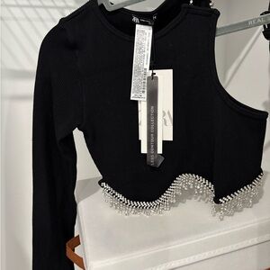 Zara Black One-Arm Crop Top with Crystal Fringe